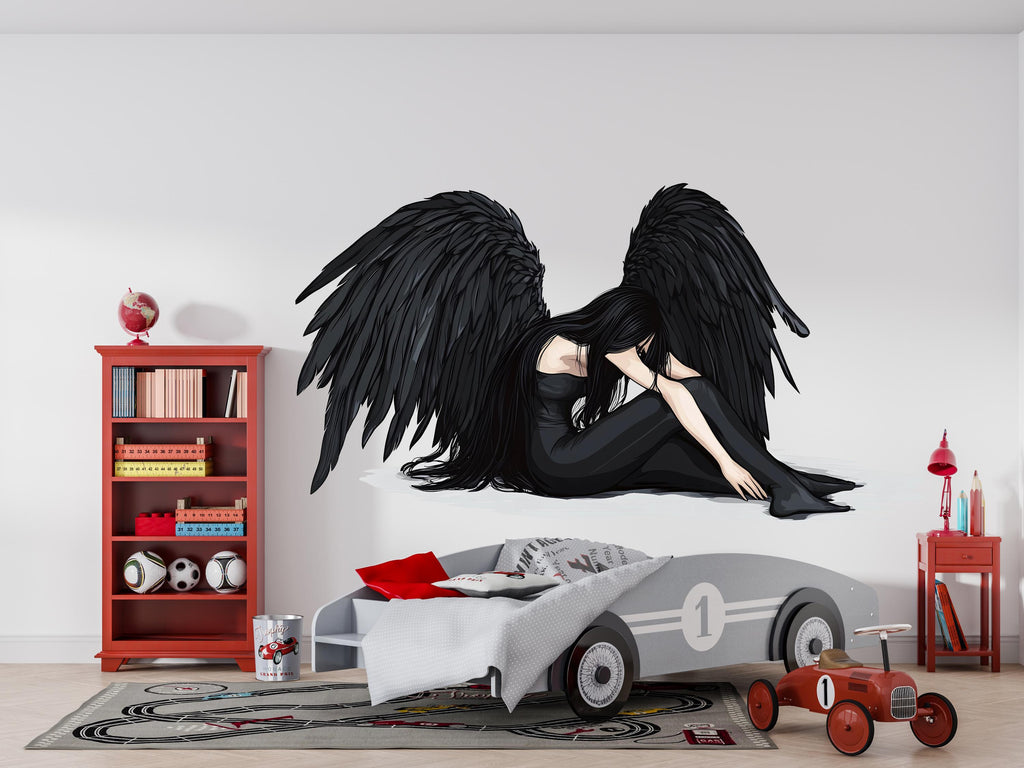 Dark Angel Wall Decal, Gothic Angel Wings Sticker, Fallen Angel Wall Art, Black Angel Decor, Emotional Wall Decals, Removable Vinyl, 242gm