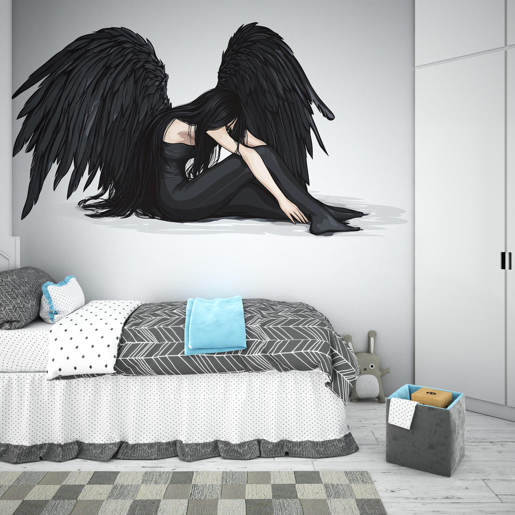Dark Angel Wall Decal, Gothic Angel Wings Sticker, Fallen Angel Wall Art, Black Angel Decor, Emotional Wall Decals, Removable Vinyl, 242gm