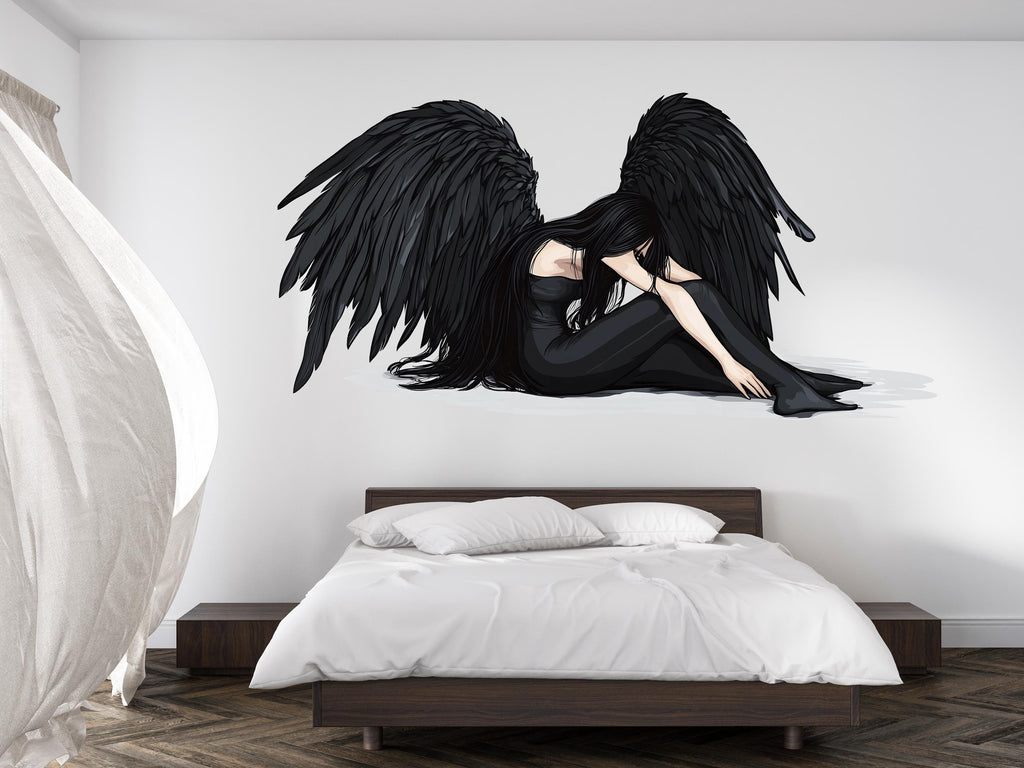 Dark Angel Wall Decal, Gothic Angel Wings Sticker, Fallen Angel Wall Art, Black Angel Decor, Emotional Wall Decals, Removable Vinyl, 242gm