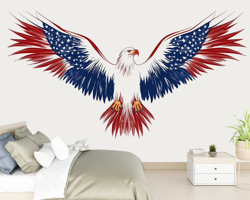 American Eagle Wall Decal, Patriotic Wall Sticker USA Flag Wings, Bald Eagle Wall Art, Independence Day Decor, Large Wall Decal Vinyl, 243gm