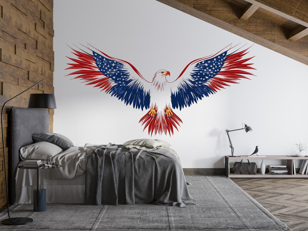 American Eagle Wall Decal, Patriotic Wall Sticker USA Flag Wings, Bald Eagle Wall Art, Independence Day Decor, Large Wall Decal Vinyl, 243gm