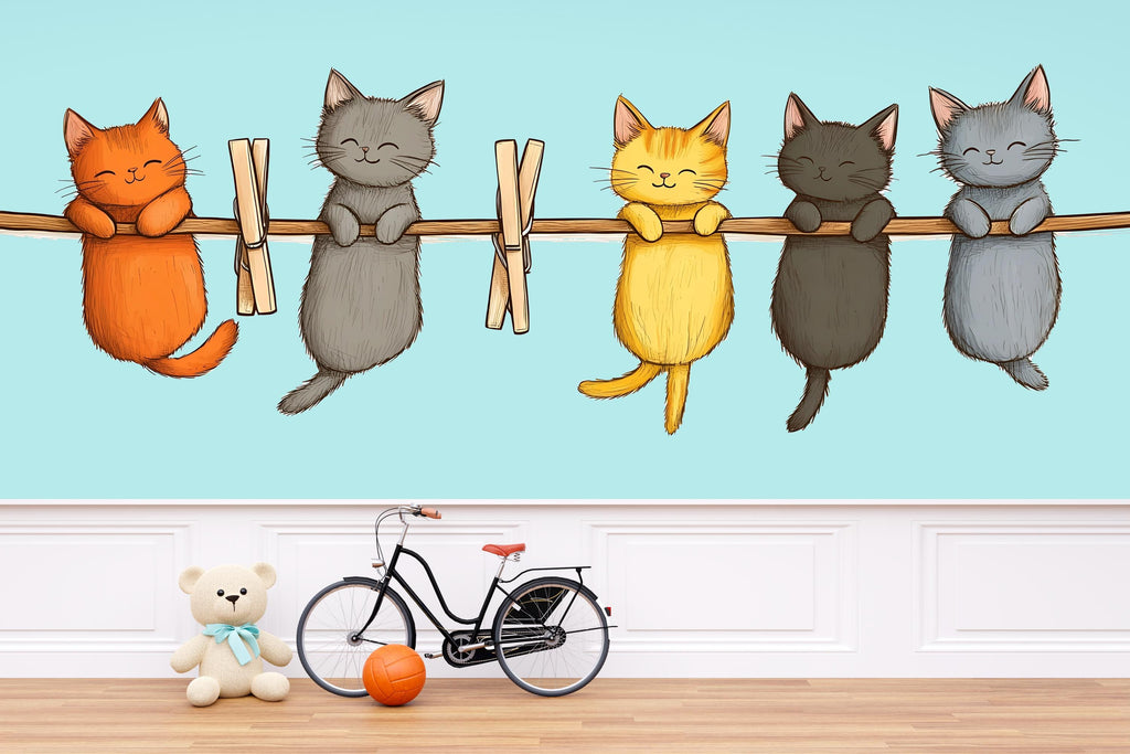 Cute Cat Wall Decal, Kittens on Clothesline Wall Sticker, Nursery Animal Wall Art, Kids Room Decor, Cartoon Cat Vinyl Decals, 247gm