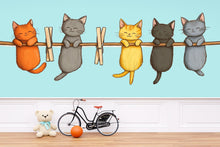 Load image into Gallery viewer, Cute Cat Wall Decal, Kittens on Clothesline Wall Sticker, Nursery Animal Wall Art, Kids Room Decor, Cartoon Cat Vinyl Decals, 247gm