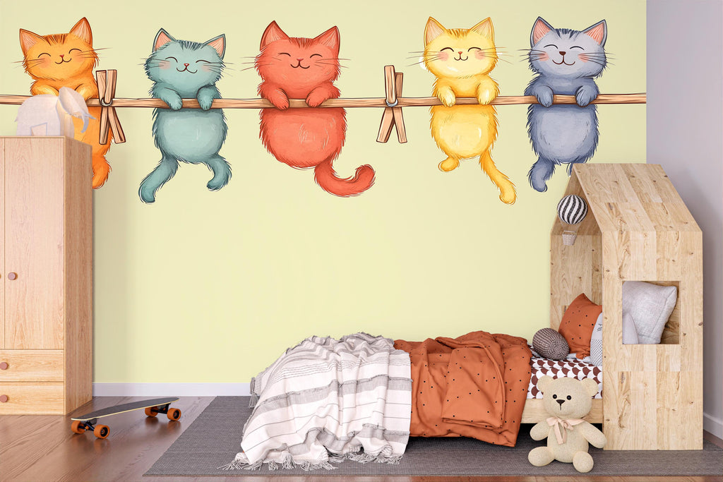 Cute Kitten Wall Decal, Cats on Clothesline Wall Sticker, Nursery Animal Wall Art, Kids Room Decor, Cartoon Cat Vinyl Decals, 249gm
