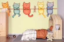 Load image into Gallery viewer, Cute Kitten Wall Decal, Cats on Clothesline Wall Sticker, Nursery Animal Wall Art, Kids Room Decor, Cartoon Cat Vinyl Decals, 249gm