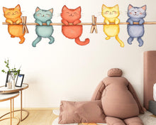 Load image into Gallery viewer, Cute Kitten Wall Decal, Cats on Clothesline Wall Sticker, Nursery Animal Wall Art, Kids Room Decor, Cartoon Cat Vinyl Decals, 249gm