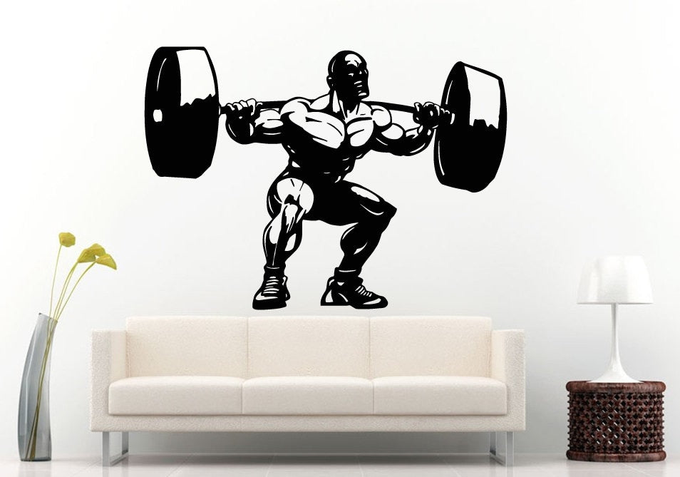 Man Working Out Doing Squads Gym Training Fitness Bodybuilding Wight Lifting Logo Emblem Sign Wall Decal Vinyl Sticker Mural Room Decor L610