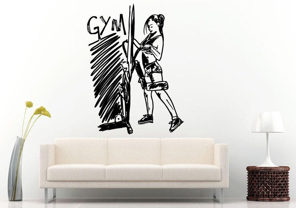 Girl Woman Working Out Gym Training Fitness Bodybuilding Wight Lifting Logo Emblem Sign Wall Decal Vinyl Sticker Mural Room Decor L607