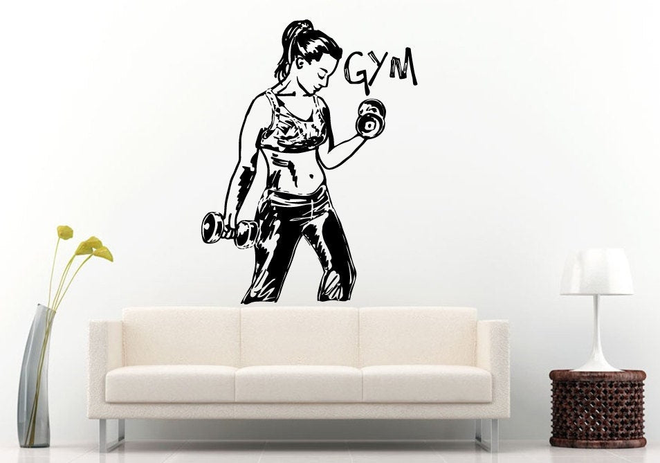 Girl Woman Working Out Gym Training Fitness Bodybuilding Wight Lifting Logo Emblem Sign Wall Decal Vinyl Sticker Mural Room Decor L609