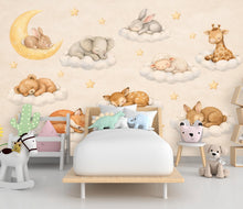 Load image into Gallery viewer, Sleeping Animals on Clouds Nursery Wallpaper, Dreamy wall mural with bunny, fox, fawn, moon, perfect for baby room and kids decor 803LU