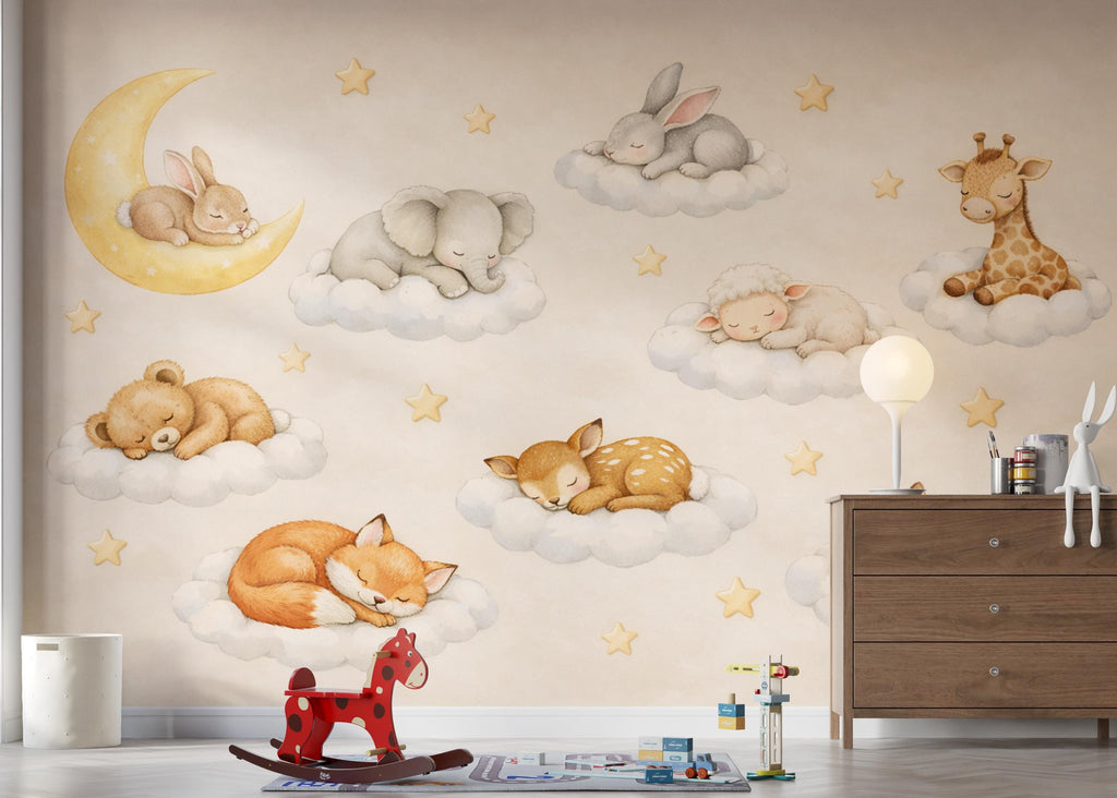 Sleeping Animals on Clouds Nursery Wallpaper, Dreamy wall mural with bunny, fox, fawn, moon, perfect for baby room and kids decor 803LU