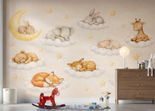 Load image into Gallery viewer, Sleeping Animals on Clouds Nursery Wallpaper, Dreamy wall mural with bunny, fox, fawn, moon, perfect for baby room and kids decor 803LU