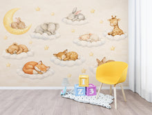 Load image into Gallery viewer, Sleeping Animals on Clouds Nursery Wallpaper, Dreamy wall mural with bunny, fox, fawn, moon, perfect for baby room and kids decor 803LU