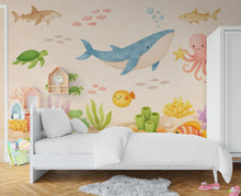 Load image into Gallery viewer, Pastel Underwater Wallpaper – Whale, Octopus, Coral Reef Ocean Mural Wall Art for Nursery Bedroom or Living Room, Peel and Stick 804LU