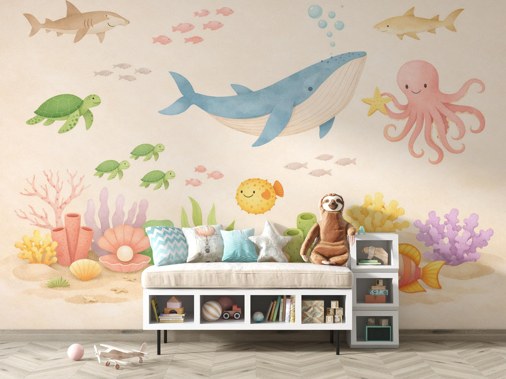 Pastel Underwater Wallpaper – Whale, Octopus, Coral Reef Ocean Mural Wall Art for Nursery Bedroom or Living Room, Peel and Stick 804LU