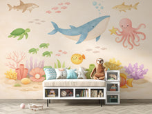 Load image into Gallery viewer, Pastel Underwater Wallpaper – Whale, Octopus, Coral Reef Ocean Mural Wall Art for Nursery Bedroom or Living Room, Peel and Stick 804LU