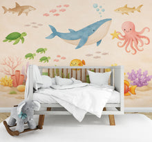 Load image into Gallery viewer, Pastel Underwater Wallpaper – Whale, Octopus, Coral Reef Ocean Mural Wall Art for Nursery Bedroom or Living Room, Peel and Stick 804LU