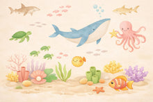 Load image into Gallery viewer, Pastel Underwater Wallpaper – Whale, Octopus, Coral Reef Ocean Mural Wall Art for Nursery Bedroom or Living Room, Peel and Stick 804LU