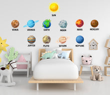 Load image into Gallery viewer, Solar System Wall Decal for Kids Room, Space Nursery Wall Stickers, Planets Wall Art, Educational Classroom Decor, Hedboard decals 617LU
