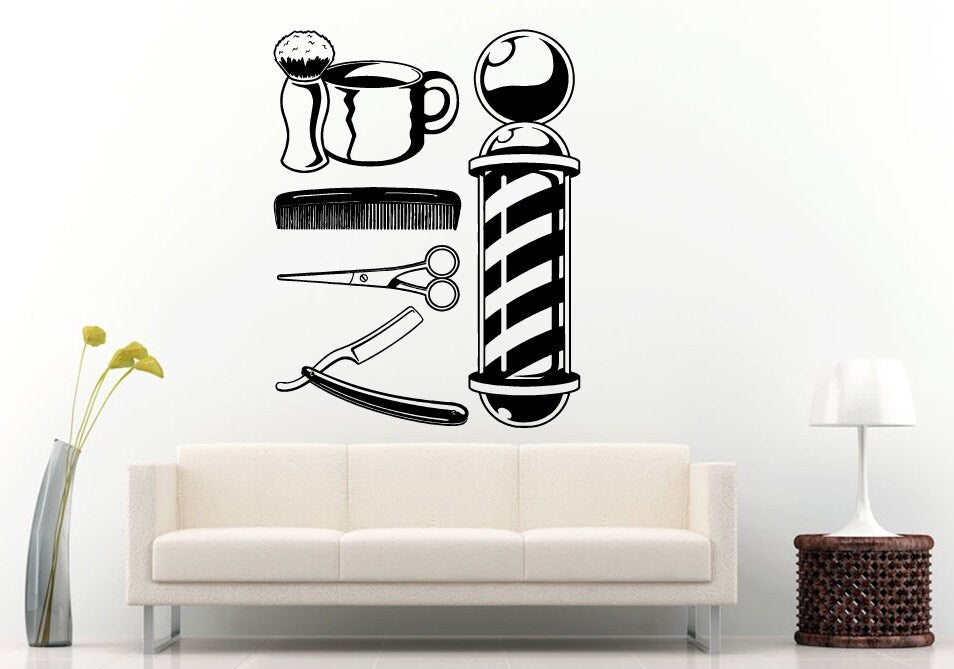 Barbershop Sign Hairdresser's Tools Hair Salon Wall Decal Vinyl Sticker Mural Room Decor L617