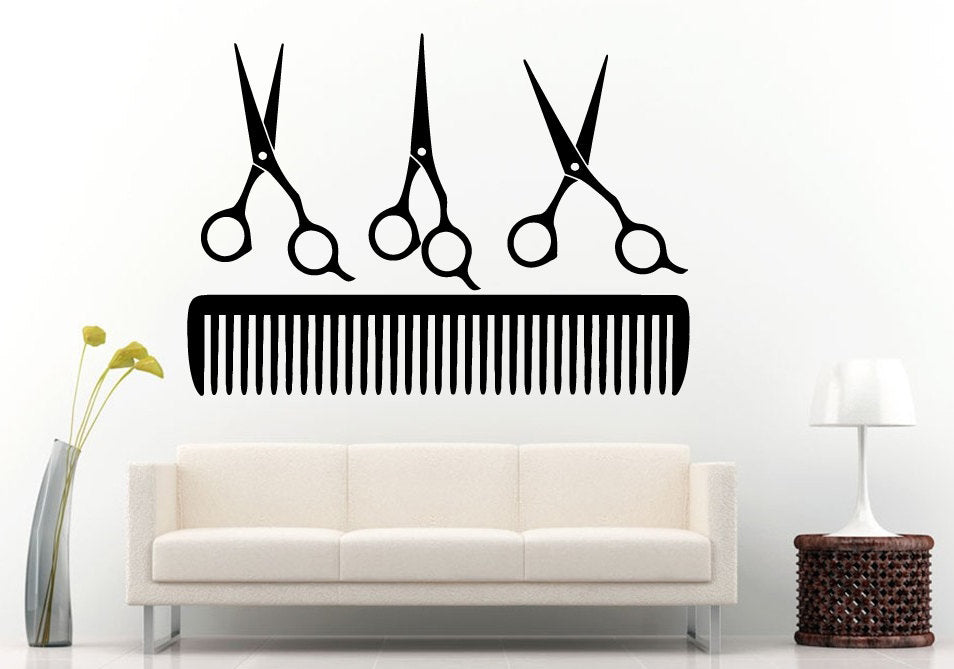 Barbershop Hairdresser's Tools Hair Salon Set Of Professional Scissors And A Comb Hair Brush Wall Decal Vinyl Sticker Mural Room Decor L618