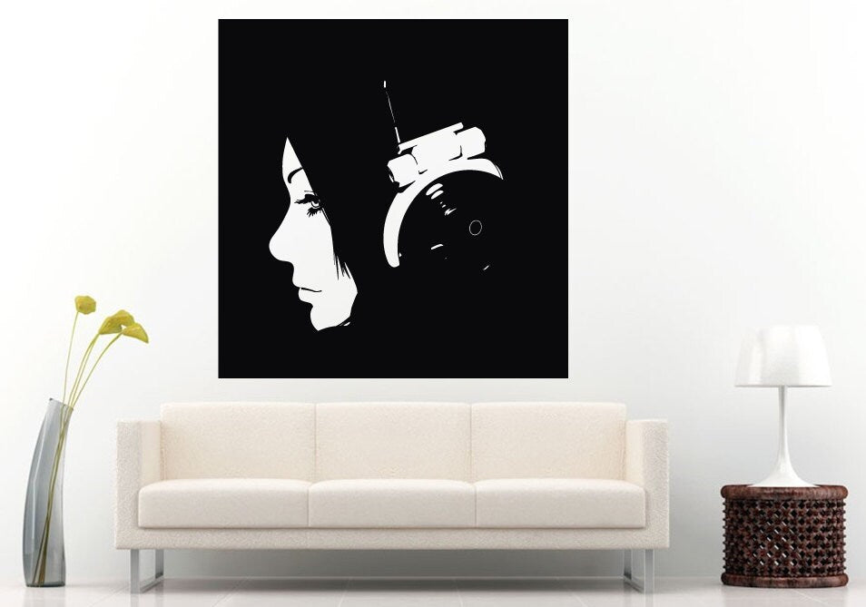 Girl Woman With Over Ear Music Headphones Wall Decal Vinyl Sticker Mural Room Decor L630