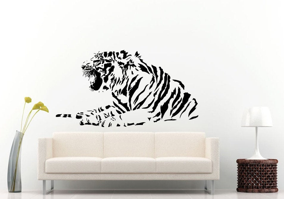 Tiger Laying Down And Roaring Beautiful Predator Animal Jungle Cat Wall Decal Vinyl Sticker Mural Room Decor L639