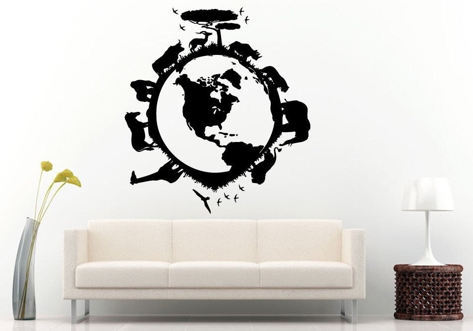 African Animal Safari All Around The Globe Earth Nature Wall Decal Vinyl Sticker Mural Room Decor L644