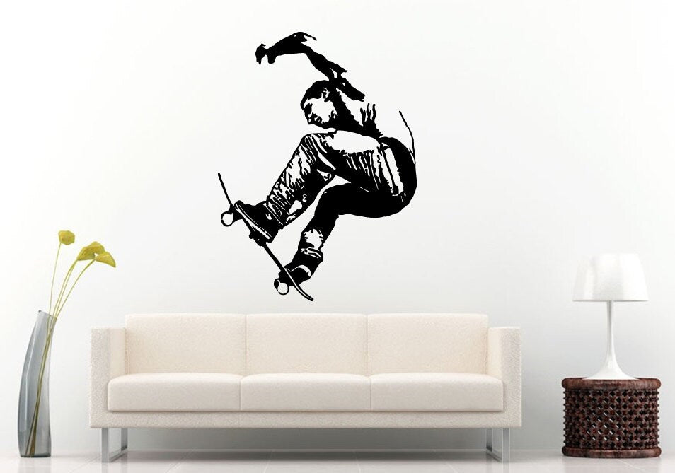 Boy Jumping On A Skateboard Doing A Trick Stunt Wall Decal Vinyl Sticker Mural Room Decor L634