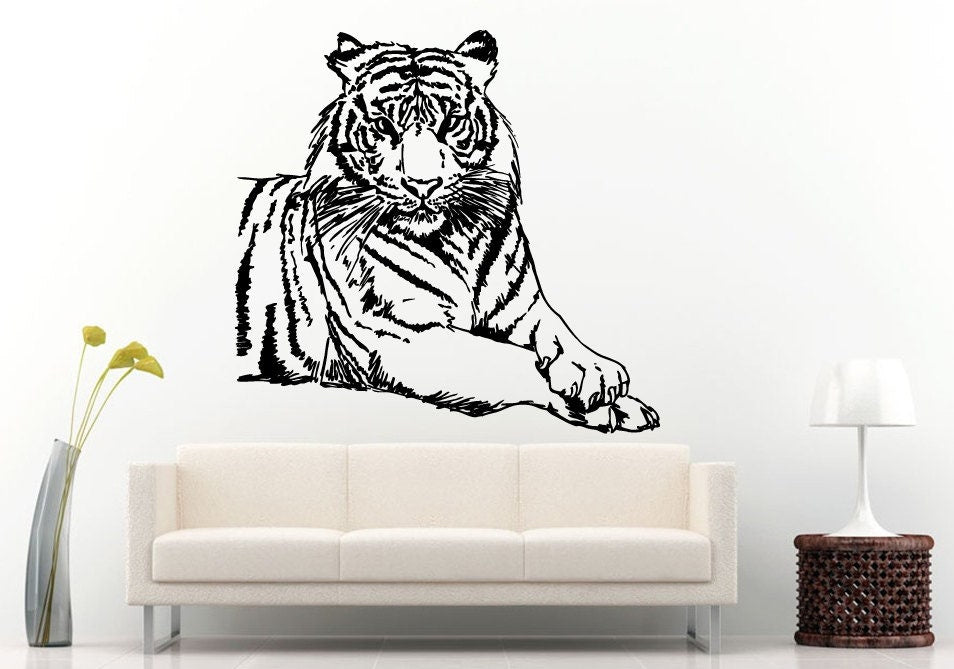 Sketch Of White Tiger Beautiful Predator Animal Jungle Cat Wall Decal Vinyl Sticker Mural Room Decor L638