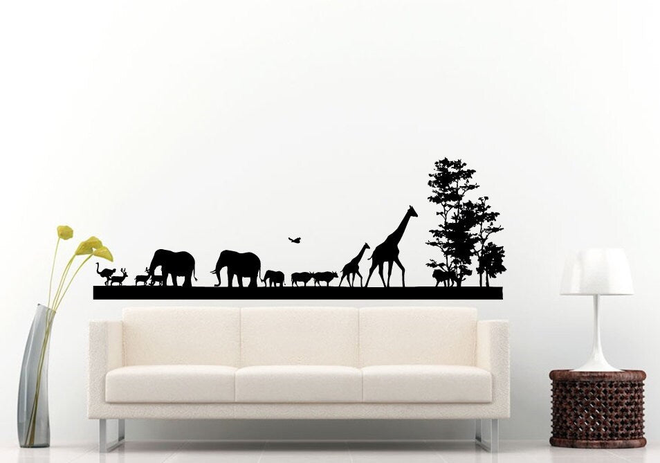 African Animal Safari Nature Trees Skyline View Wall Decal Vinyl Sticker Mural Room Decor L645
