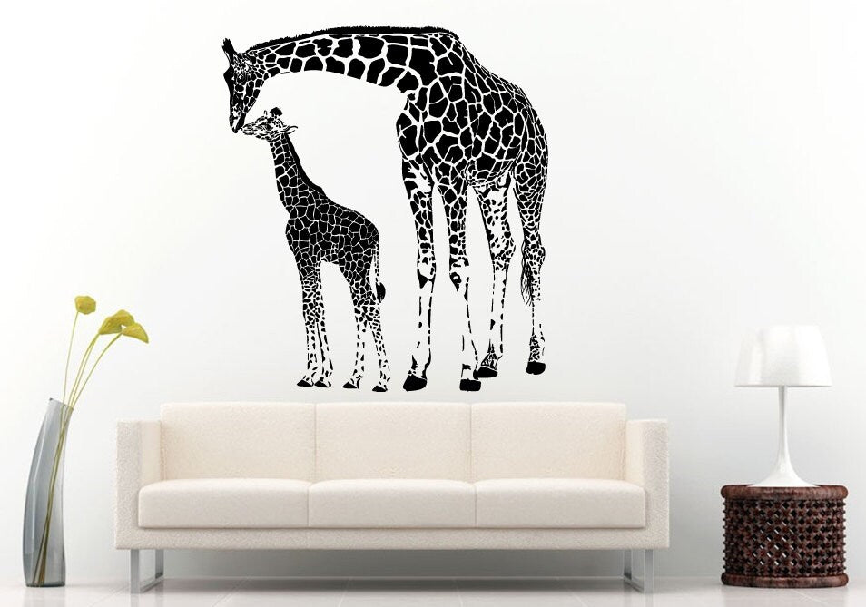 Baby Giraffe With His Mom Giraffe African Tall Beautiful Animal Creature Wall Decal Vinyl Sticker Mural Room Decor L648