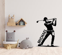 Load image into Gallery viewer, Personalized Golf Man Wall Decal, Custom Name Golfer Sticker, Male Golfer Silhouette Wall Art, Gift for Golf Lover, Sports Room Decor 631LU