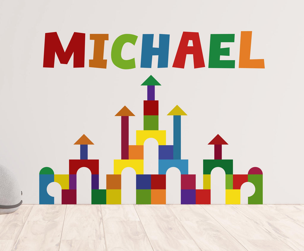 Personalized Kids Name Castle Wall Decal – Colorful Building Block Nursery Sticker, Custom Playroom Wall Art, Bedroom Decoration 633LU