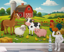 Load image into Gallery viewer, Watercolor Farmhouse Wallpaper Mural – Tractor, Cow, Horse, Pig – Peel &amp; Stick 395DE