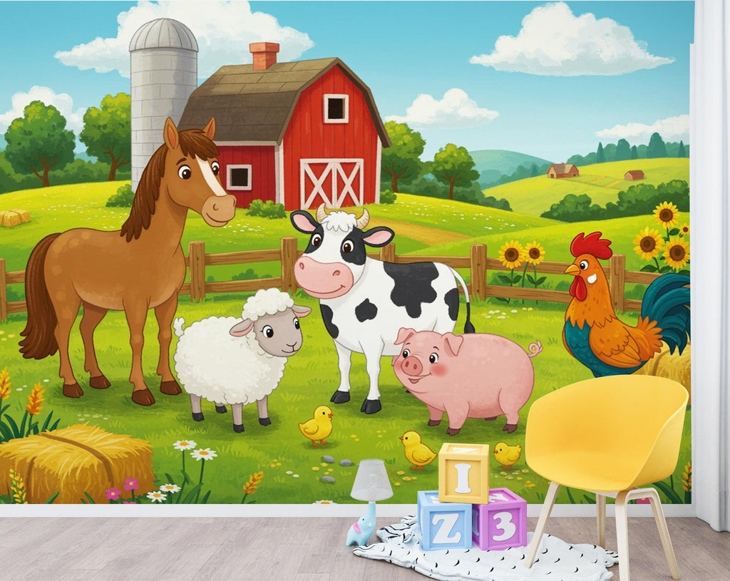 Watercolor Farmhouse Wallpaper Mural – Tractor, Cow, Horse, Pig – Peel & Stick 395DE