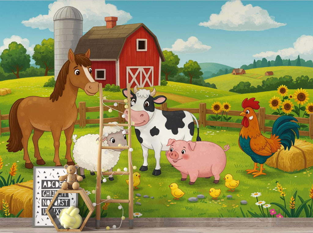 Watercolor Farmhouse Wallpaper Mural – Tractor, Cow, Horse, Pig – Peel & Stick 395DE