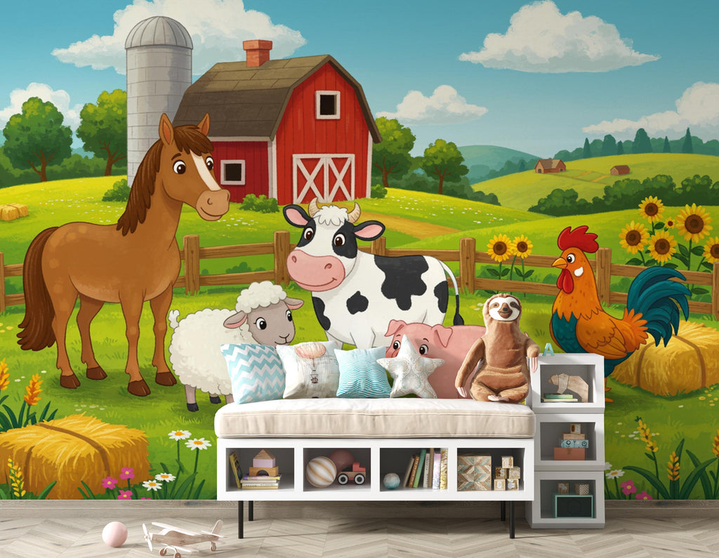 Watercolor Farmhouse Wallpaper Mural – Tractor, Cow, Horse, Pig – Peel & Stick 395DE