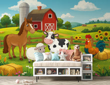 Load image into Gallery viewer, Watercolor Farmhouse Wallpaper Mural – Tractor, Cow, Horse, Pig – Peel &amp; Stick 395DE