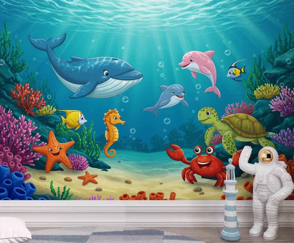 Underwater Watercolor Wallpaper Mural | Dolphin, Fish & Sea Turtle Wall Art | Ocean Nursery Wallpaper | Kids Room | Baby Room Mural 396DE
