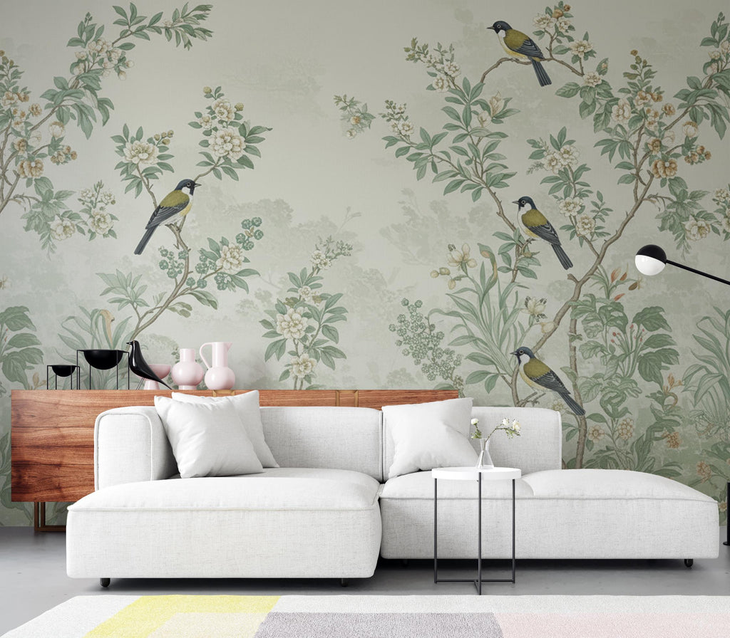 Chinoiserie Songbird Wallpaper Mural, Sage Green Botanical Wall Art, Vintage Forest decor, Luxury Hand Painted Style, Floral Bird Wallpaper