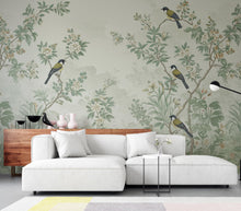 Load image into Gallery viewer, Chinoiserie Songbird Wallpaper Mural, Sage Green Botanical Wall Art, Vintage Forest decor, Luxury Hand Painted Style, Floral Bird Wallpaper
