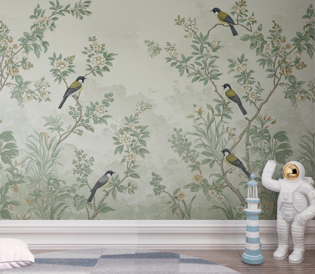 Chinoiserie Songbird Wallpaper Mural, Sage Green Botanical Wall Art, Vintage Forest decor, Luxury Hand Painted Style, Floral Bird Wallpaper