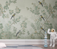Load image into Gallery viewer, Chinoiserie Songbird Wallpaper Mural, Sage Green Botanical Wall Art, Vintage Forest decor, Luxury Hand Painted Style, Floral Bird Wallpaper
