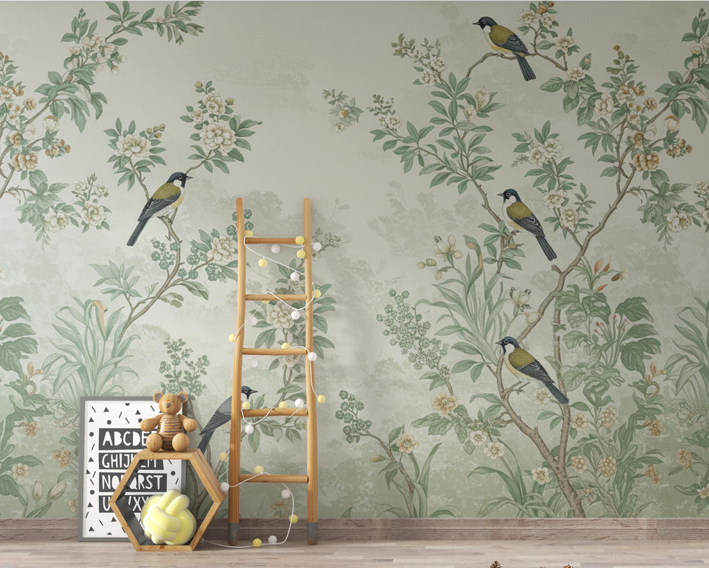 Chinoiserie Songbird Wallpaper Mural, Sage Green Botanical Wall Art, Vintage Forest decor, Luxury Hand Painted Style, Floral Bird Wallpaper