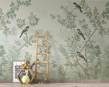 Load image into Gallery viewer, Chinoiserie Songbird Wallpaper Mural, Sage Green Botanical Wall Art, Vintage Forest decor, Luxury Hand Painted Style, Floral Bird Wallpaper