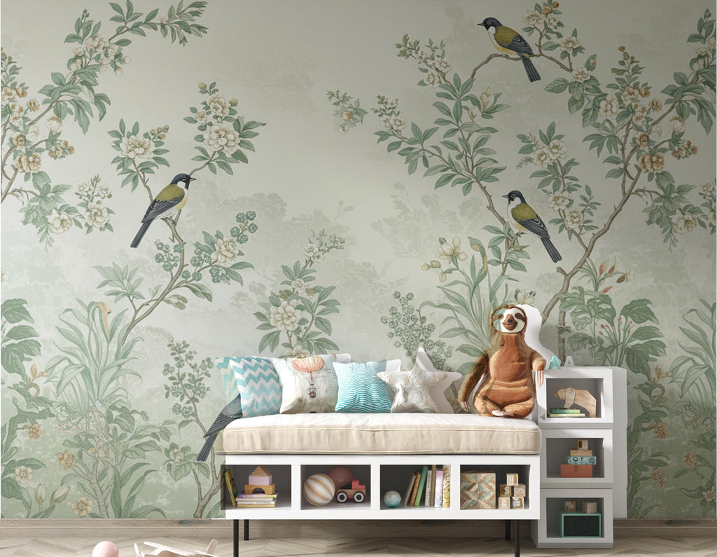 Chinoiserie Songbird Wallpaper Mural, Sage Green Botanical Wall Art, Vintage Forest decor, Luxury Hand Painted Style, Floral Bird Wallpaper