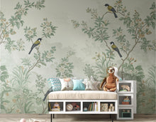 Load image into Gallery viewer, Chinoiserie Songbird Wallpaper Mural, Sage Green Botanical Wall Art, Vintage Forest decor, Luxury Hand Painted Style, Floral Bird Wallpaper