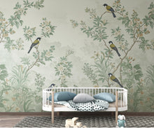 Load image into Gallery viewer, Chinoiserie Songbird Wallpaper Mural, Sage Green Botanical Wall Art, Vintage Forest decor, Luxury Hand Painted Style, Floral Bird Wallpaper