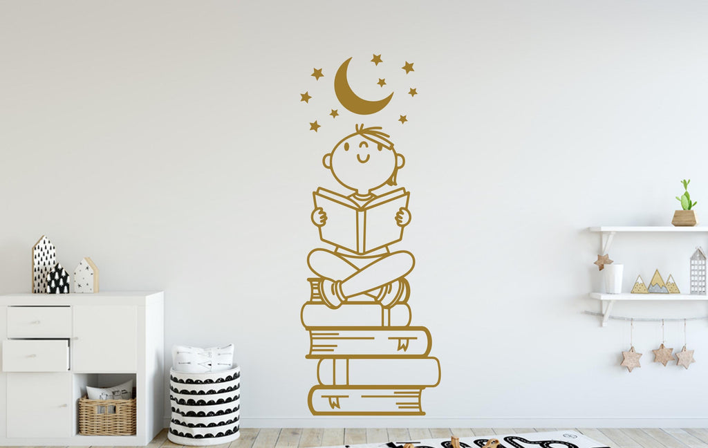 Boy Reading Book Wall Decal, Library Decor, Vinyl Sticker 397DE